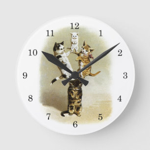 Cute Vintage Victorian Cats Kittens Playing, Round Clock