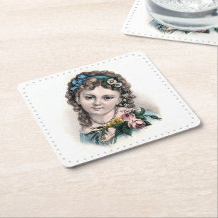 Cute Vintage Victorian Flower Girl Square Paper Coaster