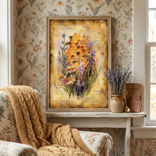 Cute Vintage Watercolor Honey Bee Honeycomb Poster