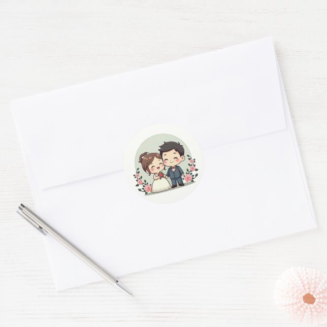Cute Vintage Wedding Scene – Chibi Couple Classic Round Sticker (Envelope)