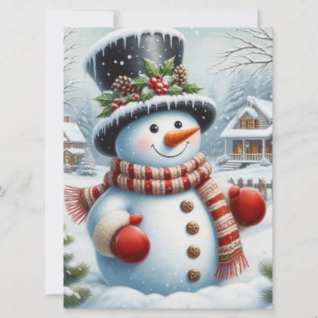 Cute, Vintage/Whimsical Christmas/winter snowman Holiday Card (Front)