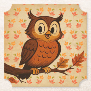 Cute, vintage whimsical fall/autumn owl paper coaster