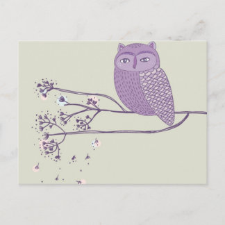 Cute violet owl on the tree branch postcard