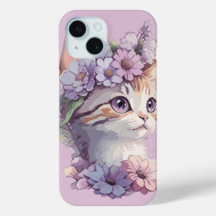 Cute Violet Watercolor Cat with Flora iPhone 15 Case