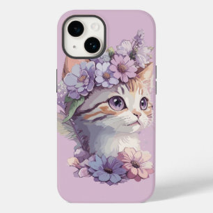 Cute Violet Watercolor Cat with Flora Case-Mate iPhone 14 Case
