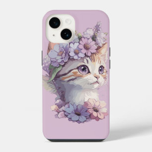Cute Violet Watercolor Cat with Flora iPhone 14 Case