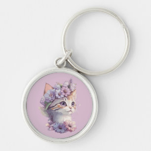 Cute Violet Watercolor Cat with Flora Key Ring