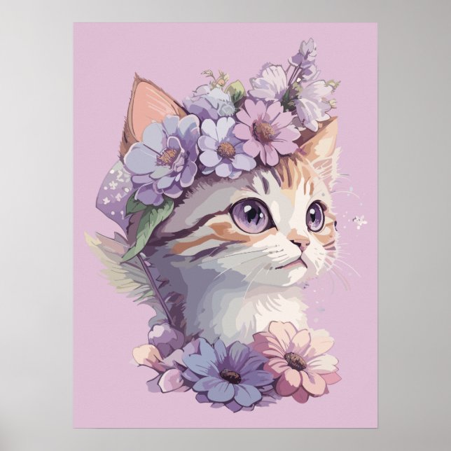 Cute Violet Watercolor Cat with Flora Poster (Front)