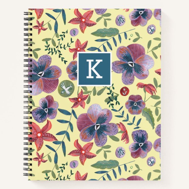 Cute violets on yellow all-over print monogram notebook (Front)