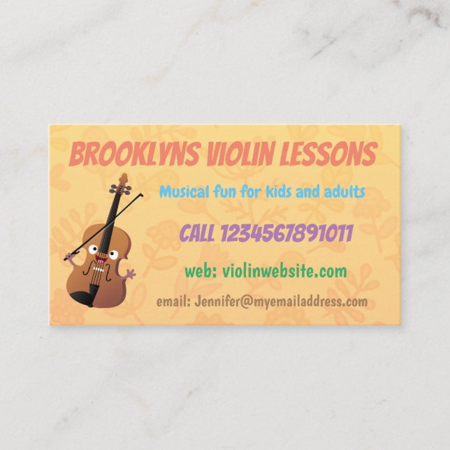 Cute violin lessons teacher cartoon business card (Front)