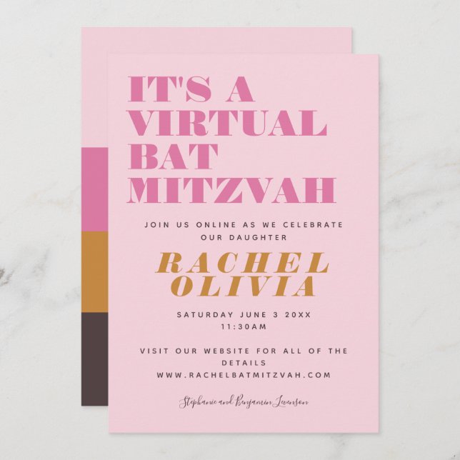 Cute Virtual Online Pink Yellow Bat Mitzvah  Invitation (Front/Back)