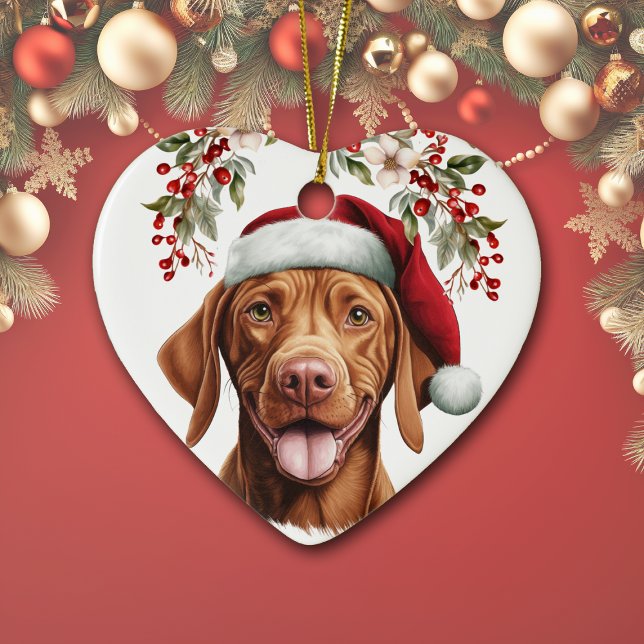 Cute Vizsla Dog Holly Berry Christmas Ceramic Ornament (Creator Uploaded)