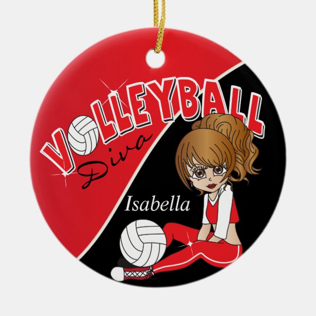 Cute Volleyball 🏐 Diva Girl in Red Ceramic Ornament (Front)