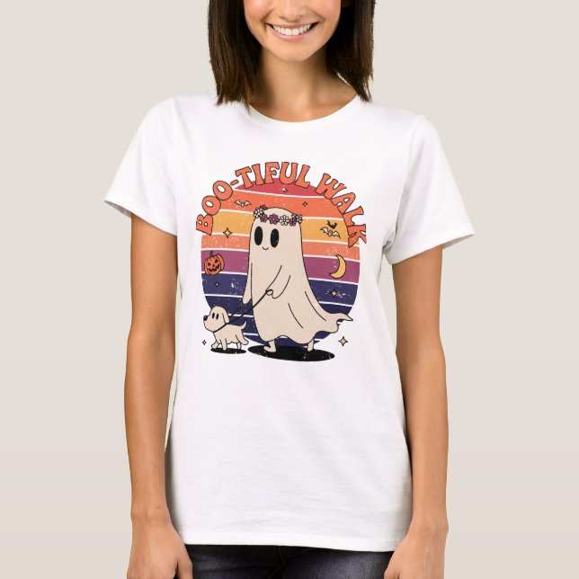 Cute Walk Dog Ghost Cute Spooky Halloween Gift T-Shirt (Front)