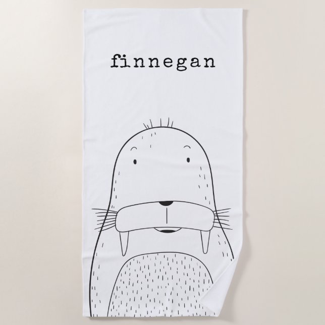Cute Walrus Line Art Drawing Personalised Name Beach Towel (Front)