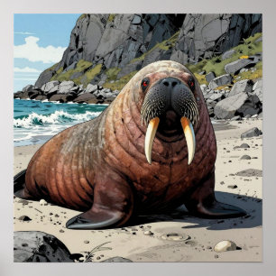Cute Walrus on a Sandy Beach Poster