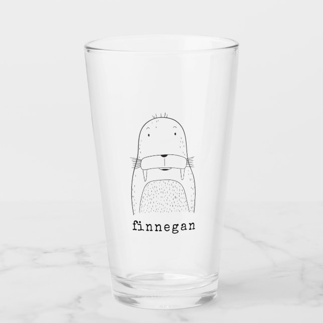 Cute Walrus Simple Line Illustration Custom Name Glass (Front)