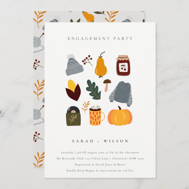 Cute Warm Cosy Autumn Essential Engagement Invite (Front/Back)