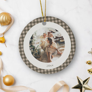 Cute Warm Fall Brown Plaid Custom Photo Christmas Ceramic Ornament