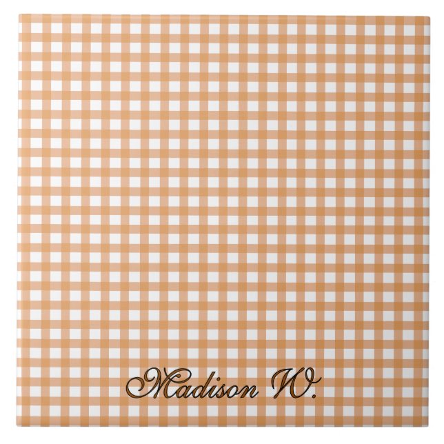 Cute Warm Orange Gingham Pattern Ceramic Tile (Front)