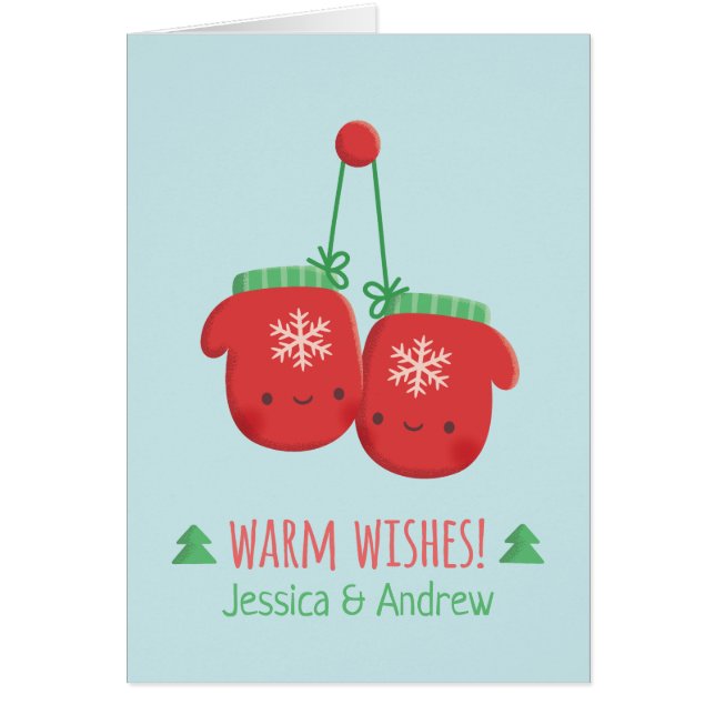 Cute Warm Wishes Mittens Christmas Greeting Cards (Front)