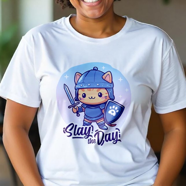 Cute Warrior Cat – Slay the Day  T-Shirt (Bring fierce cuteness to life with this bold and whimsical warrior cat design 🐱⚔️)