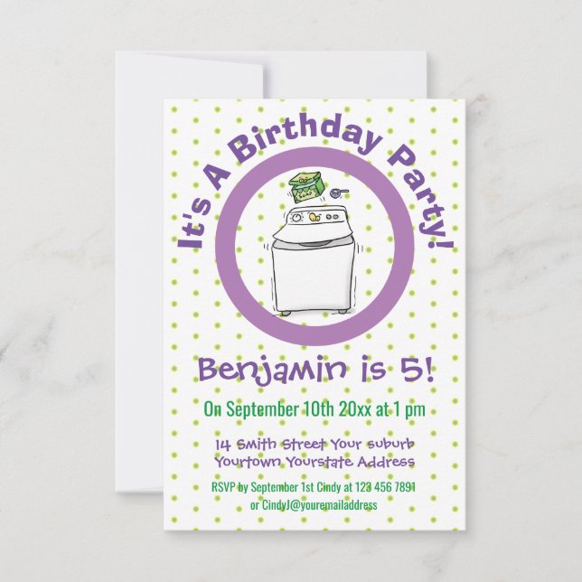 Cute washing machine laundry cartoon illustration invitation (Front)