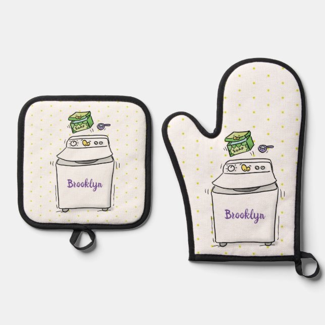 Cute washing machine laundry cartoon illustration oven mitt & pot holder set (Front)