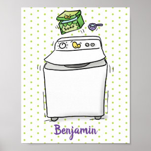 Cute washing machine laundry cartoon illustration poster