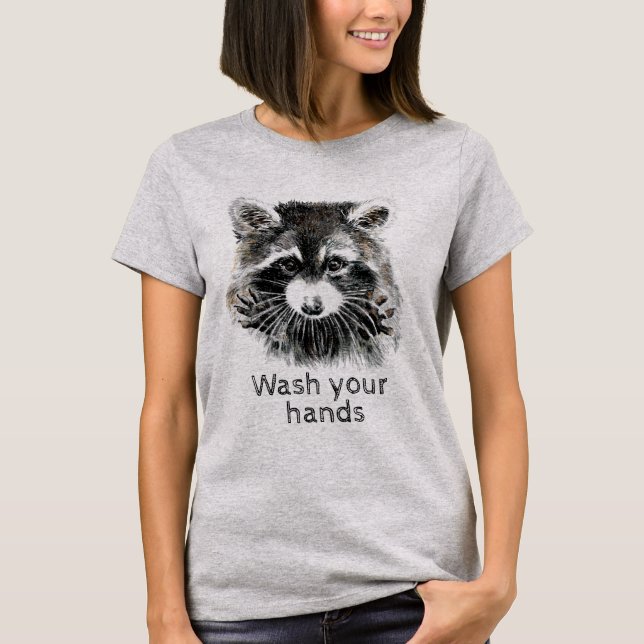 Cute Washroom Wash your Hands Racoon Animal Art T-Shirt (Front)
