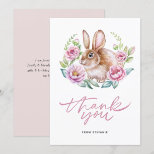 Cute Watecolor Bunny and Pink Flowers Wreath Thank You Card