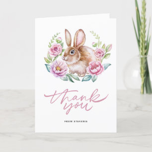 Cute Watecolor Bunny and Pink Flowers Wreath Thank You Card