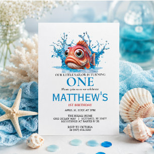 Cute Water Blue Fish 1st Birthday Invitation