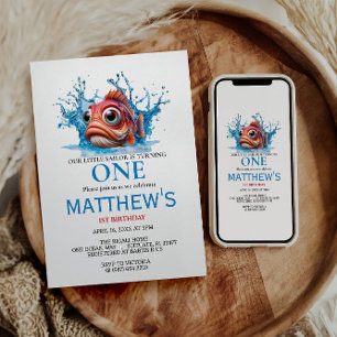 Cute Water Blue Fish 1st Birthday Invitation