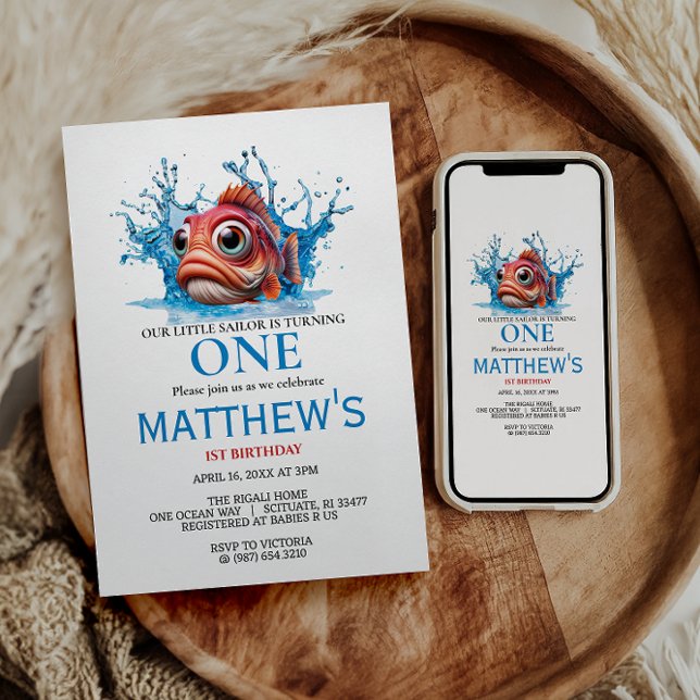 Cute Water Blue Fish 1st Birthday Invitation (Creator Uploaded)