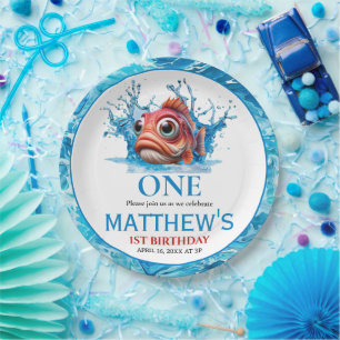 Cute Water Blue Fish 1st Birthday Paper Plate
