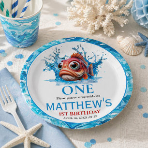 Cute Water Blue Fish 1st Birthday Paper Plate
