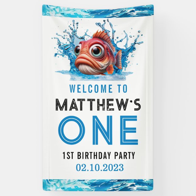 Cute Water Blue Fish 1st Birthday Party Banner (Vertical)