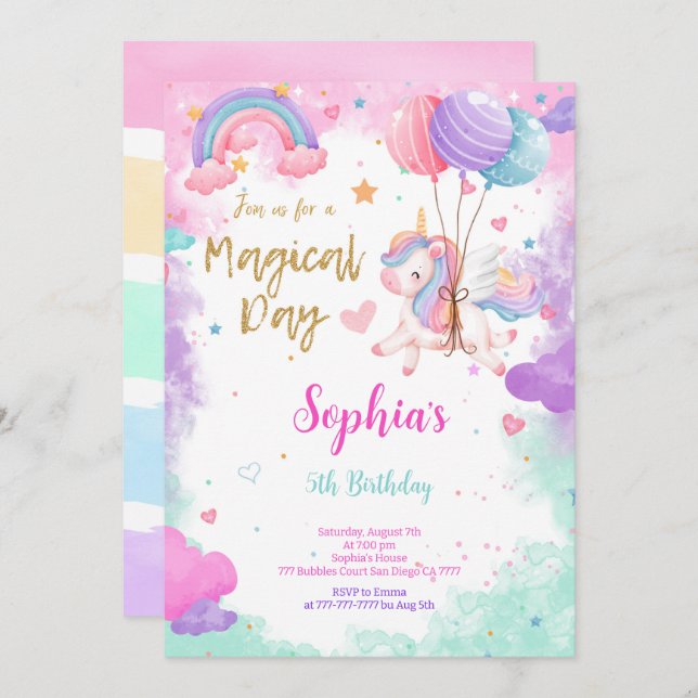 Cute Water Colour Unicorn Birthday Invitation (Front/Back)