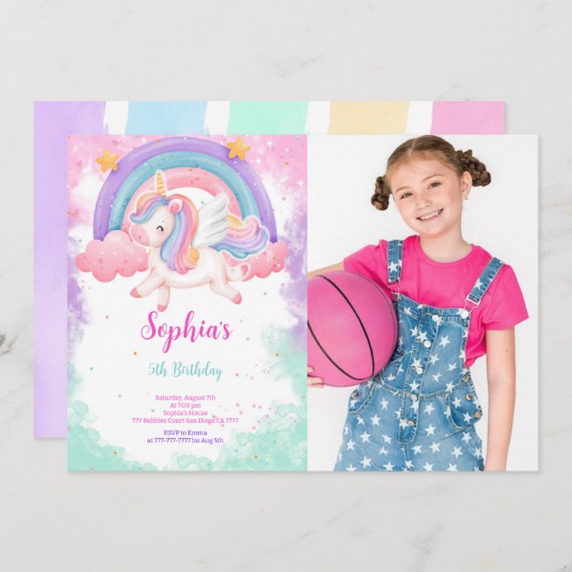 Cute Water Colour Unicorn Photo Invitation (Front/Back)