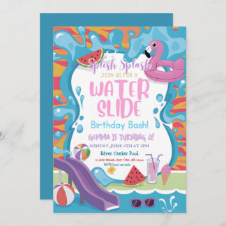 Cute Water Slide Pool Kids Birthday Party Invitation