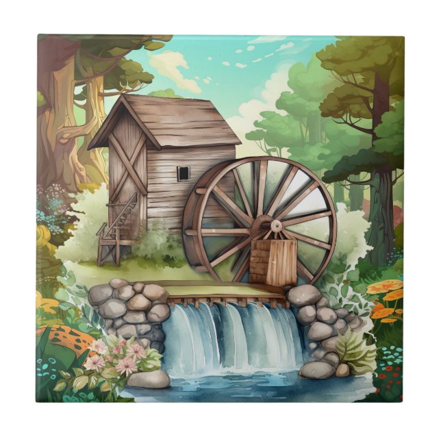 cute water wheel Country  Ceramic Tile (Front)