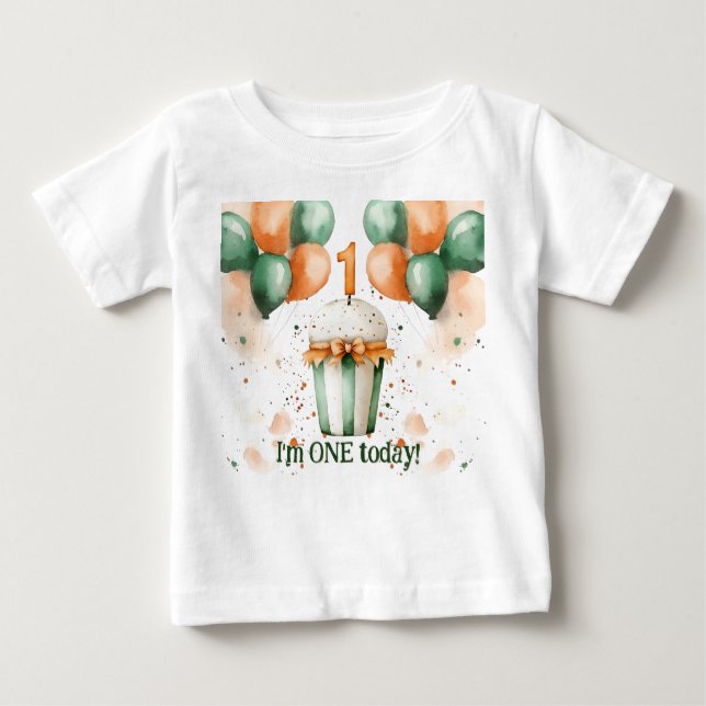 Cute Watercolor 1st Birthday Cupcake & Ballons Baby T-Shirt (Front)