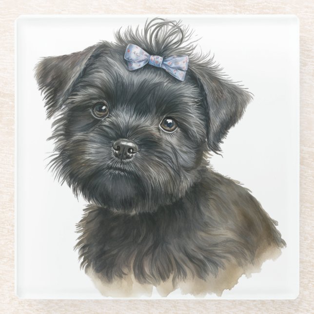 CUTE WATERCOLOR AFFENPINSCHER PUPPY DOG FACE GLASS COASTER (Front)