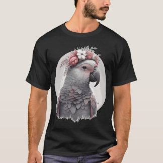 Cute Watercolor African Grey Parrot Bird Flower Cr T-Shirt
