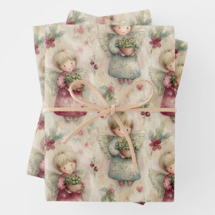 Cute Watercolor Angel Christmas Potted Floral Wrapping Paper Sheet