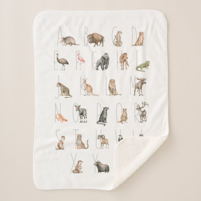 Cute Watercolor Animal Alphabet Sherpa Blanket (Front)