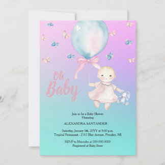 Cute Watercolor Aqua & Purple Baby Shower Invitation