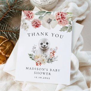 Cute Watercolor Arctic Seal Winter Baby Shower Thank You Card