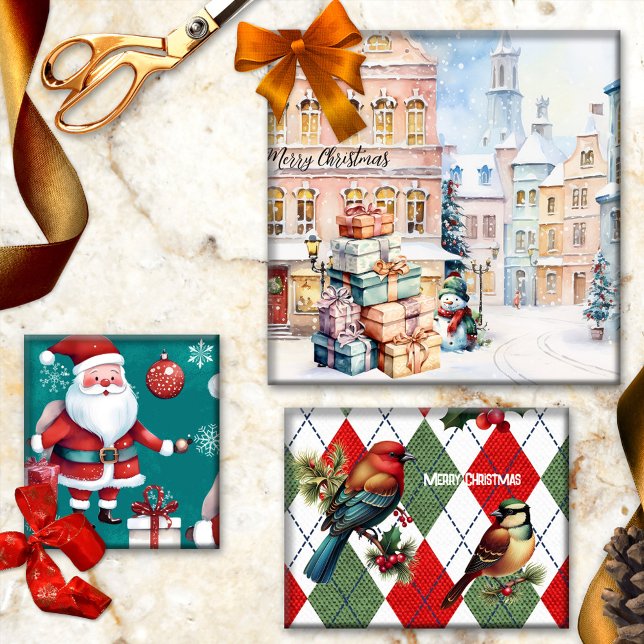 Cute Watercolor Artistic Christmas Wrapping Paper Sheet (Cute Christmas wrapping paper sheets with Santa, snowman, watercolor snow in the city, argyle birds)